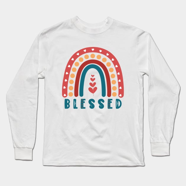 Blessed Boho Rainbow with Hearts, Dots and Heart Shaped Leaves Long Sleeve T-Shirt by Unified by Design